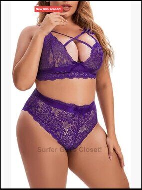 Plus Size Lace Lingerie Set High Waisted Bra Panty 2 Piece Sexy Sheer